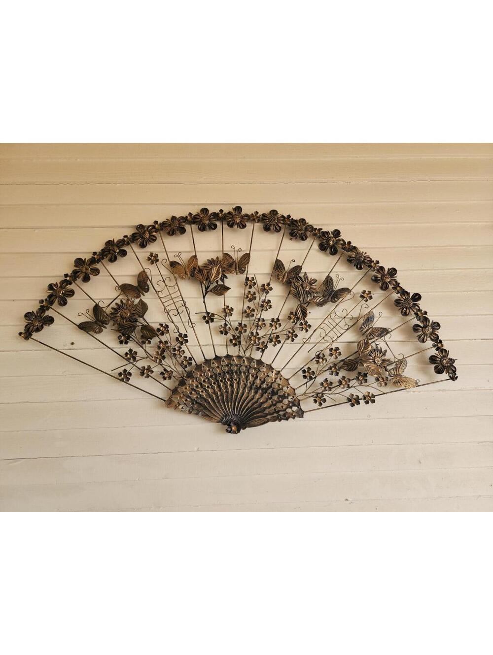 Vintage Oversized Brass Toned Butterflies Floral Fan Metal Wall Art 25 X 46
